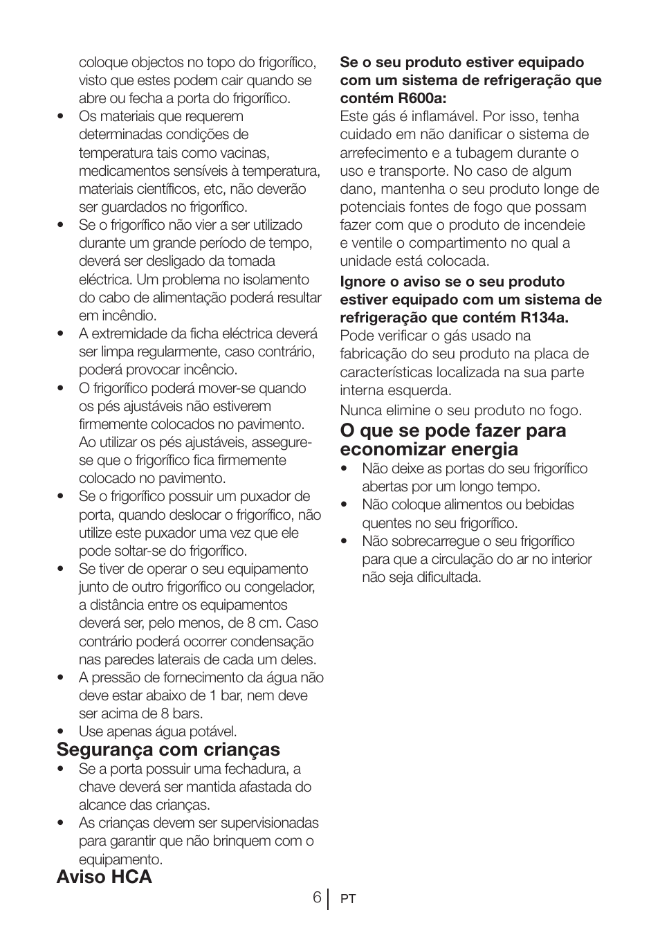 Segurança com crianças, Aviso hca, O que se pode fazer para economizar energia | Teka RVI 35 User Manual | Page 79 / 160