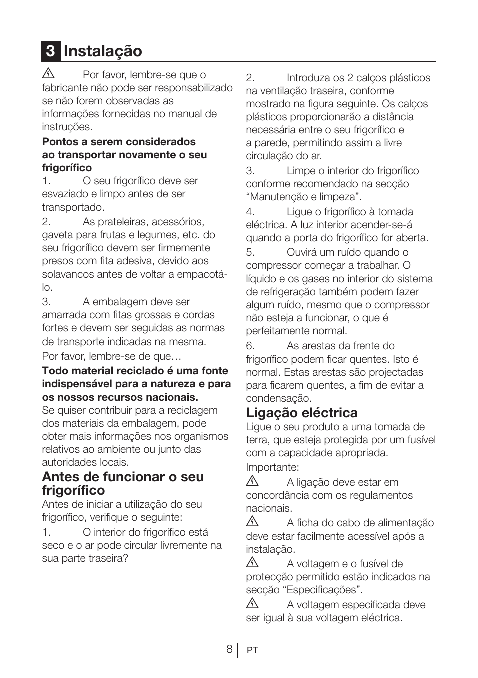 3instalação, Antes de funcionar o seu frigorífico, Ligação eléctrica | Teka RVI 35 User Manual | Page 81 / 160