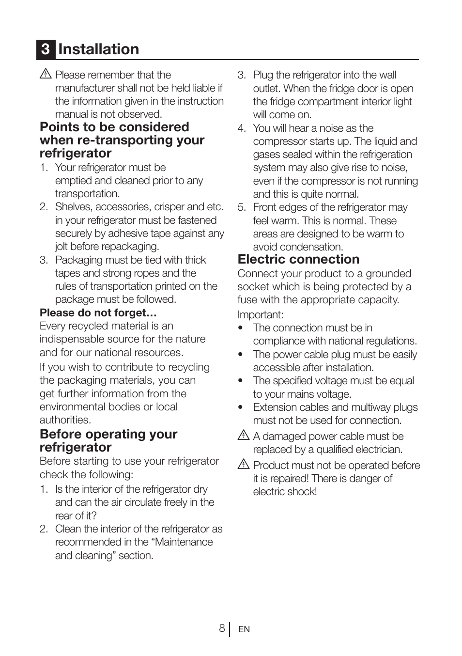 3installation, Before operating your refrigerator, Electric connection | Teka RVI 35 User Manual | Page 9 / 160