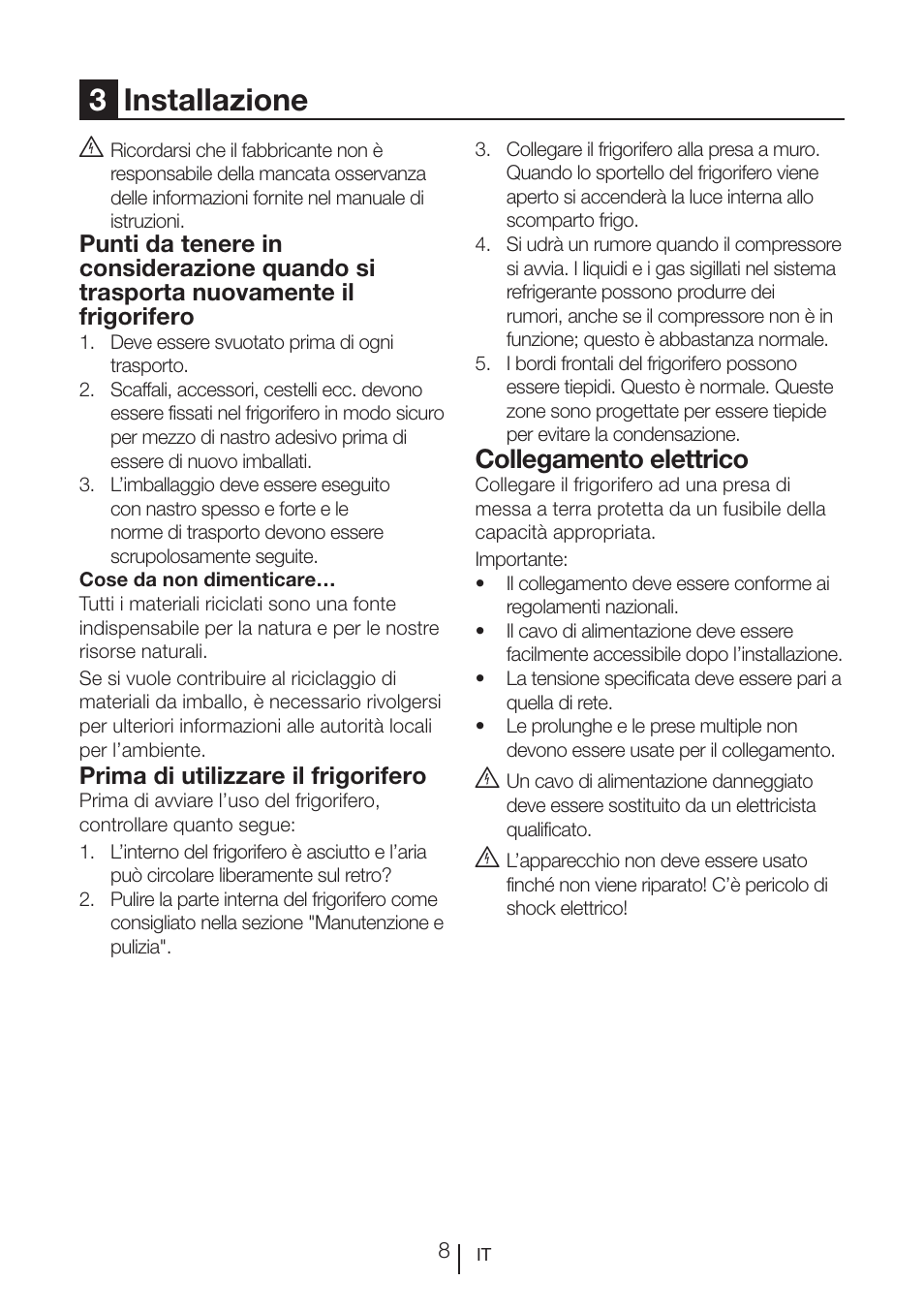 3installazione, Collegamento elettrico | Teka RVI 35 User Manual | Page 99 / 160