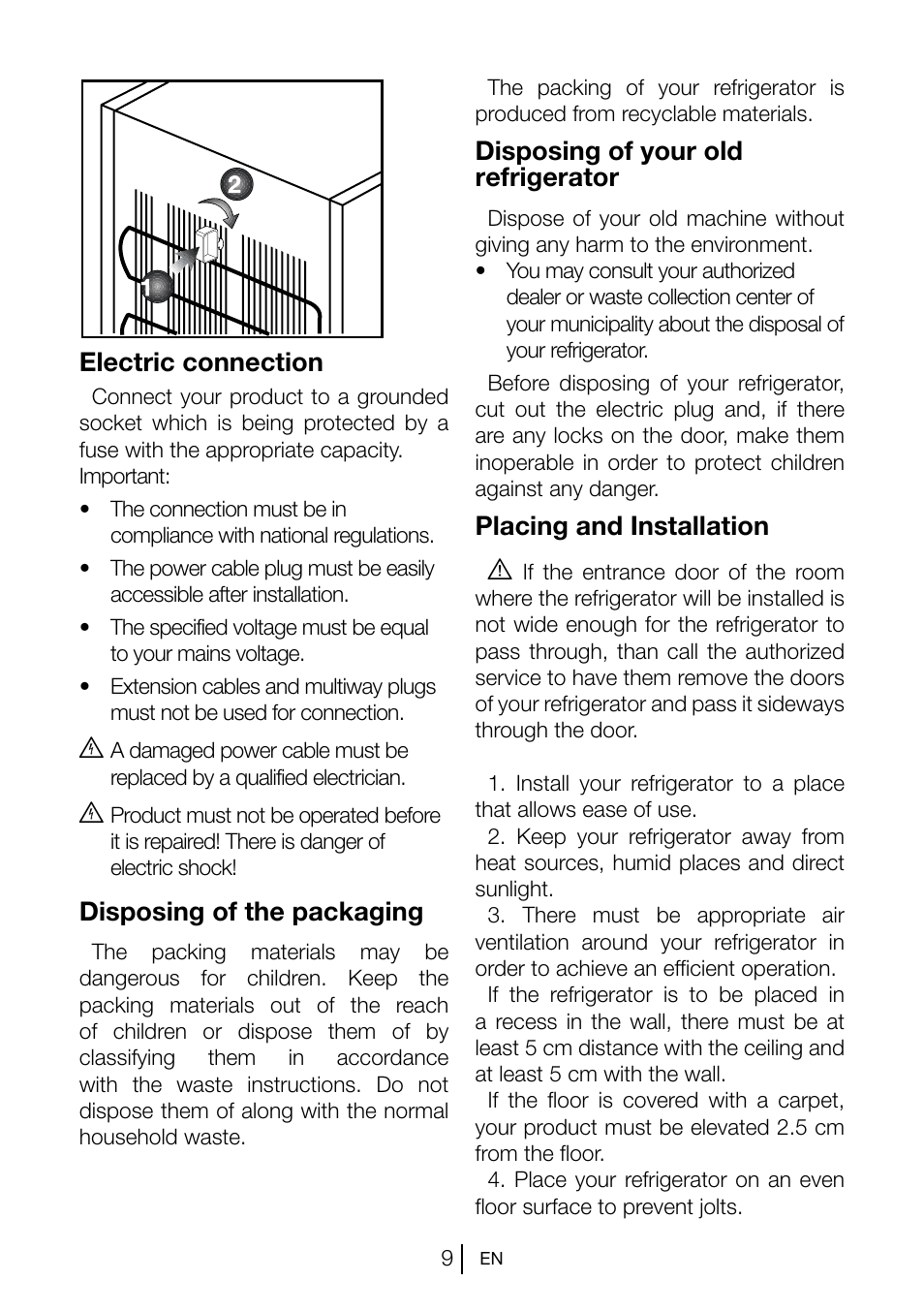 Electric connection, Disposing of the packaging, Disposing of your old refrigerator | Placing and installation a | Teka TGI2 120 D User Manual | Page 10 / 82