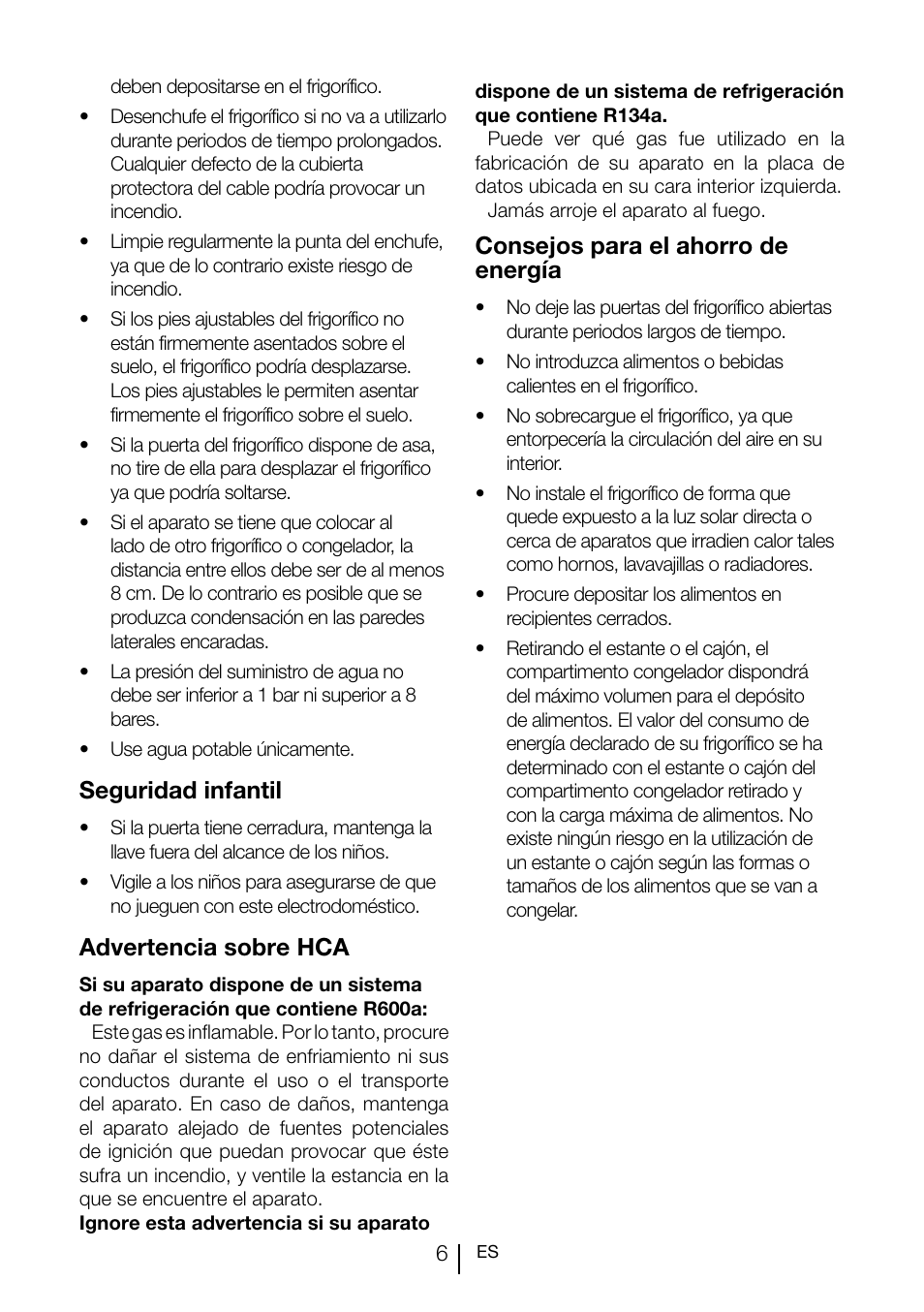 Seguridad infantil, Advertencia sobre hca, Consejos para el ahorro de energía | Teka TGI2 120 D User Manual | Page 69 / 82