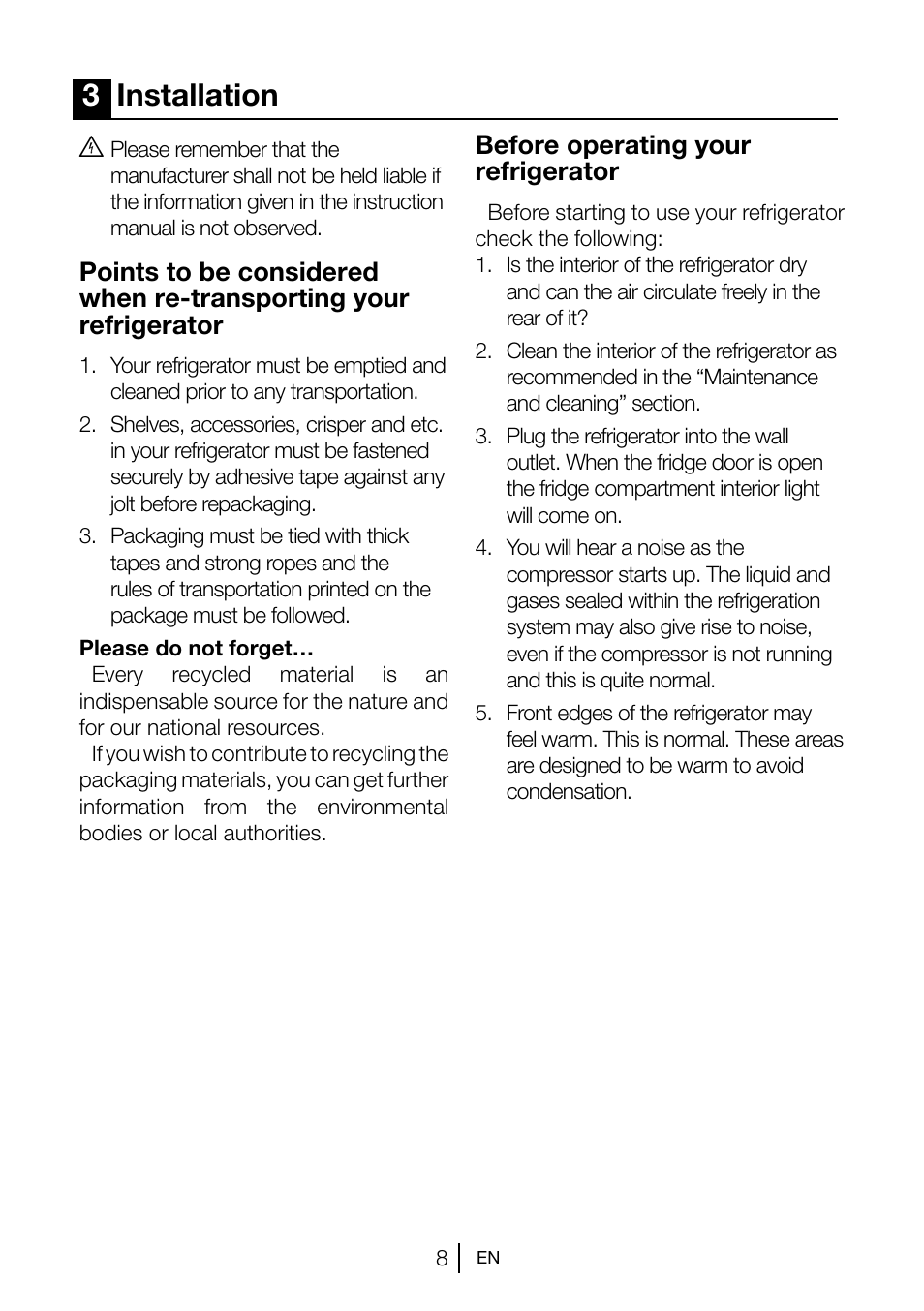3installation, Before operating your refrigerator | Teka TGI2 120 D User Manual | Page 9 / 82