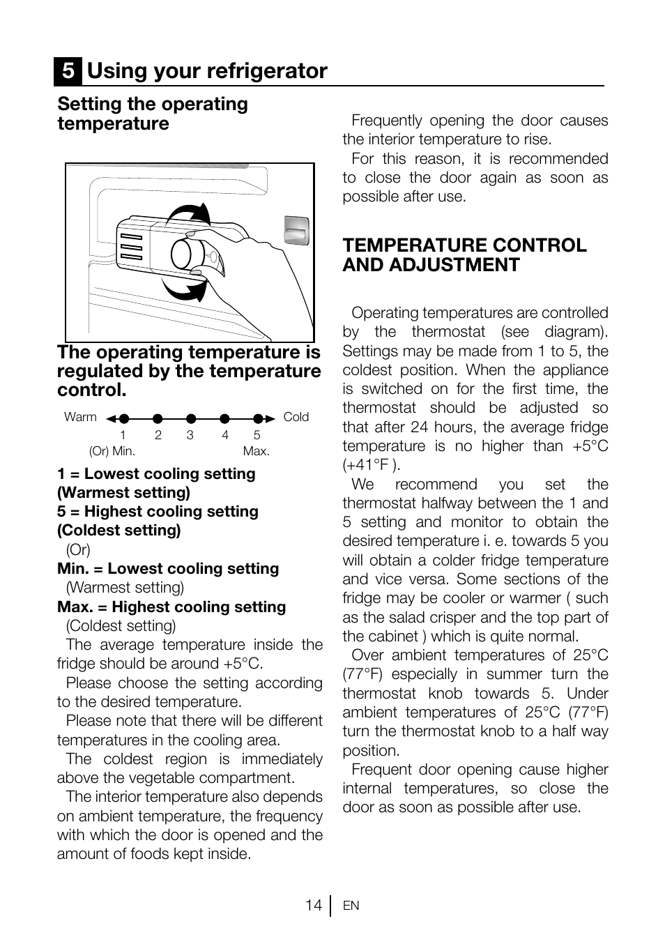5using your refrigerator, Temperature control and adjustment, Setting the operating temperature | Teka TKI2 145 D User Manual | Page 15 / 98
