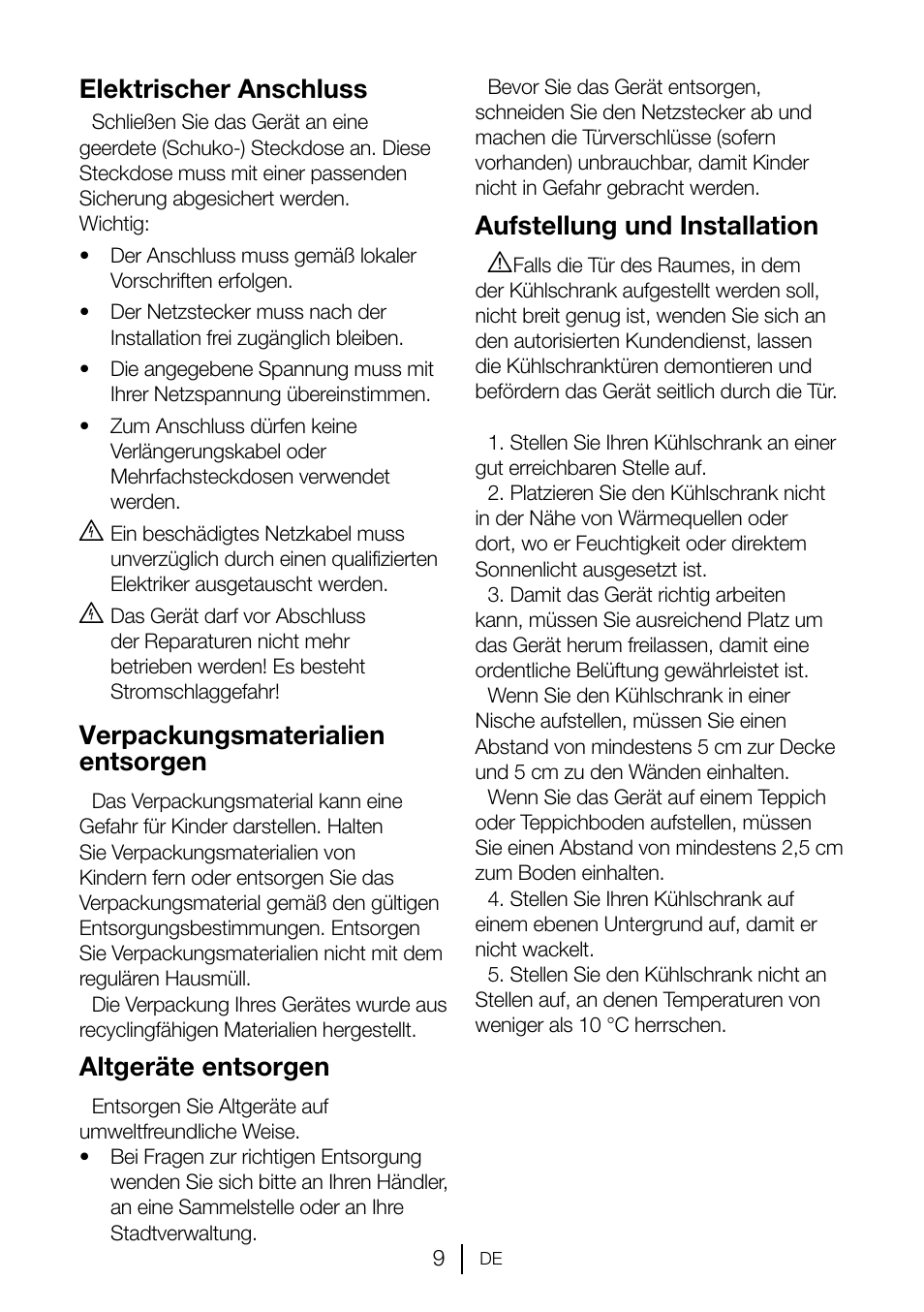 Elektrischer anschluss, Verpackungsmaterialien entsorgen, Altgeräte entsorgen | Aufstellung und installation a | Teka TKI2 145 D User Manual | Page 29 / 98
