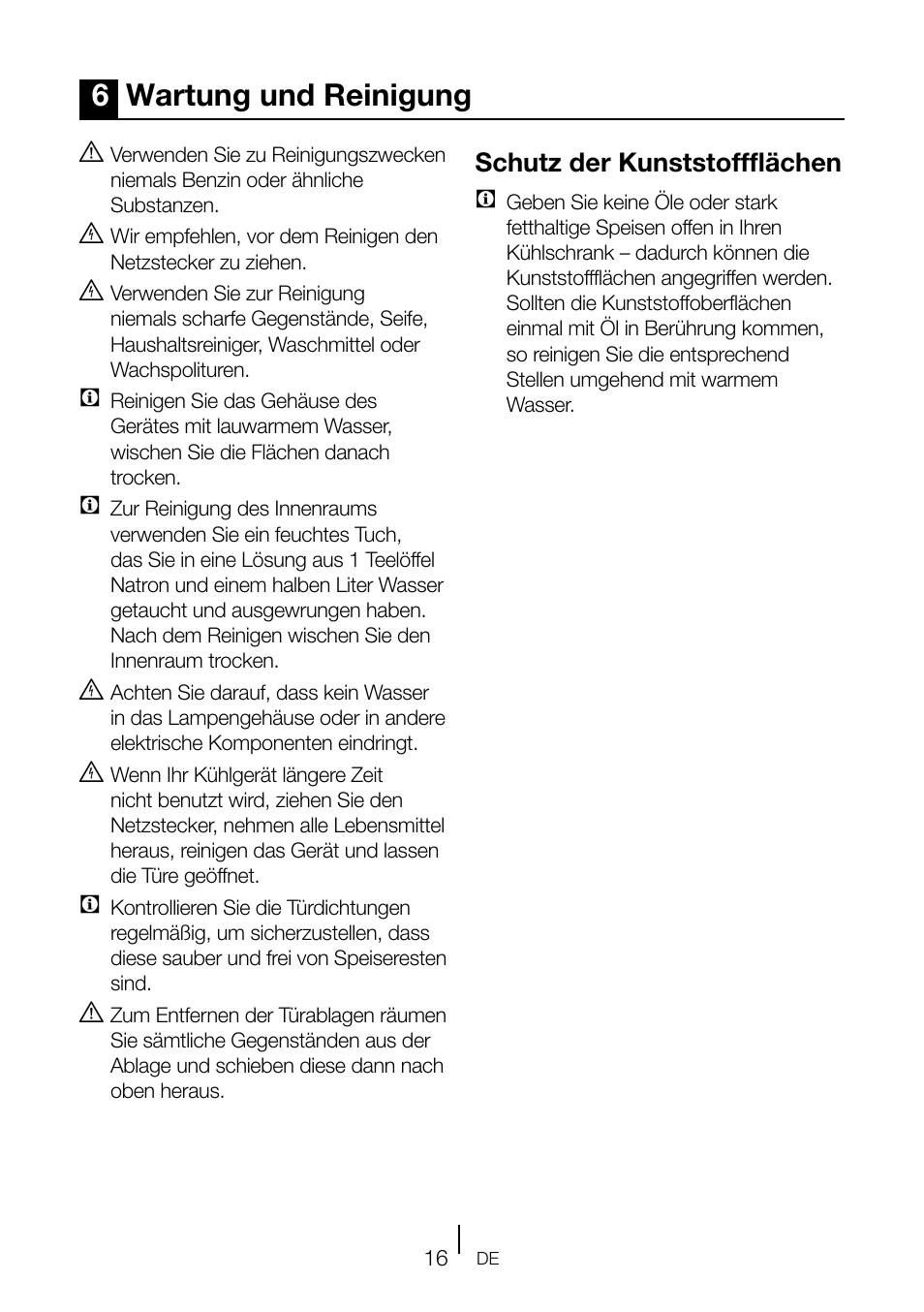 6wartung und reinigung, Schutz der kunststoffflächen c | Teka TKI2 145 D User Manual | Page 36 / 98