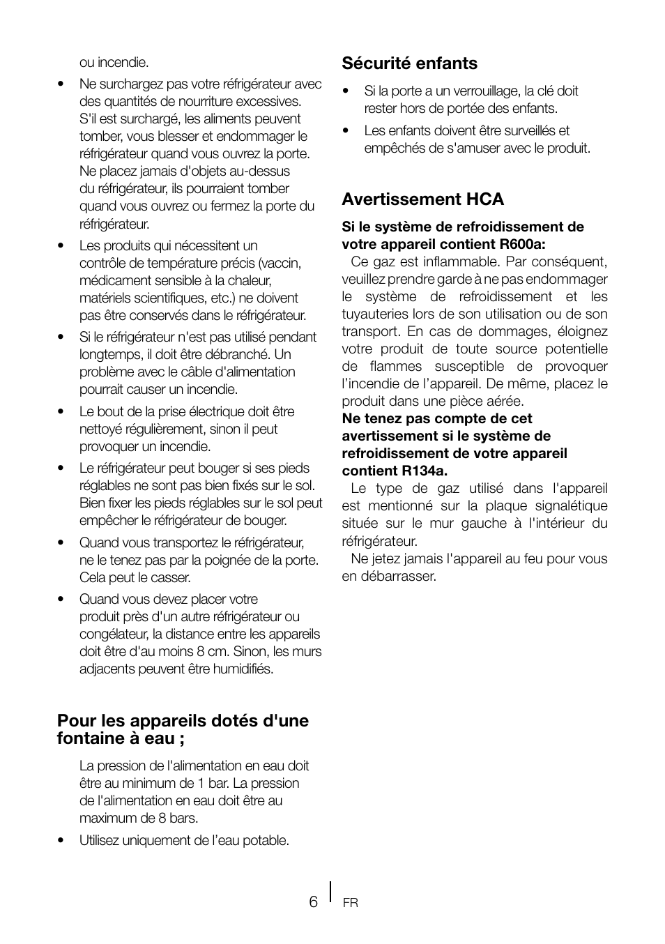 Pour les appareils dotés d'une fontaine à eau, Sécurité enfants, Avertissement hca | Teka TKI2 145 D User Manual | Page 46 / 98