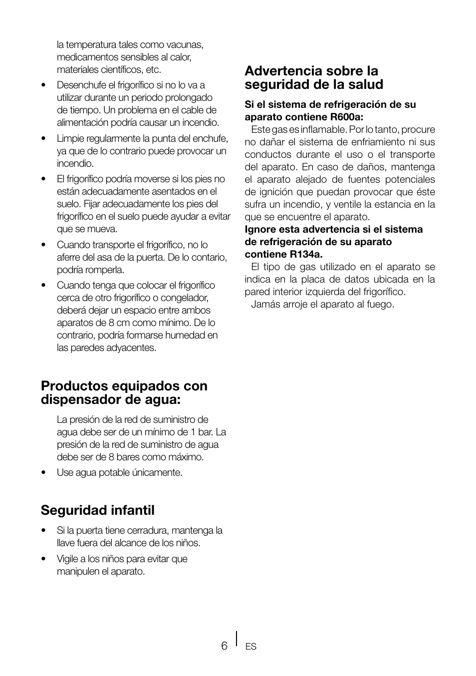 Productos equipados con dispensador de agua, Seguridad infantil, Advertencia sobre la seguridad de la salud | Teka TKI2 145 D User Manual | Page 65 / 98