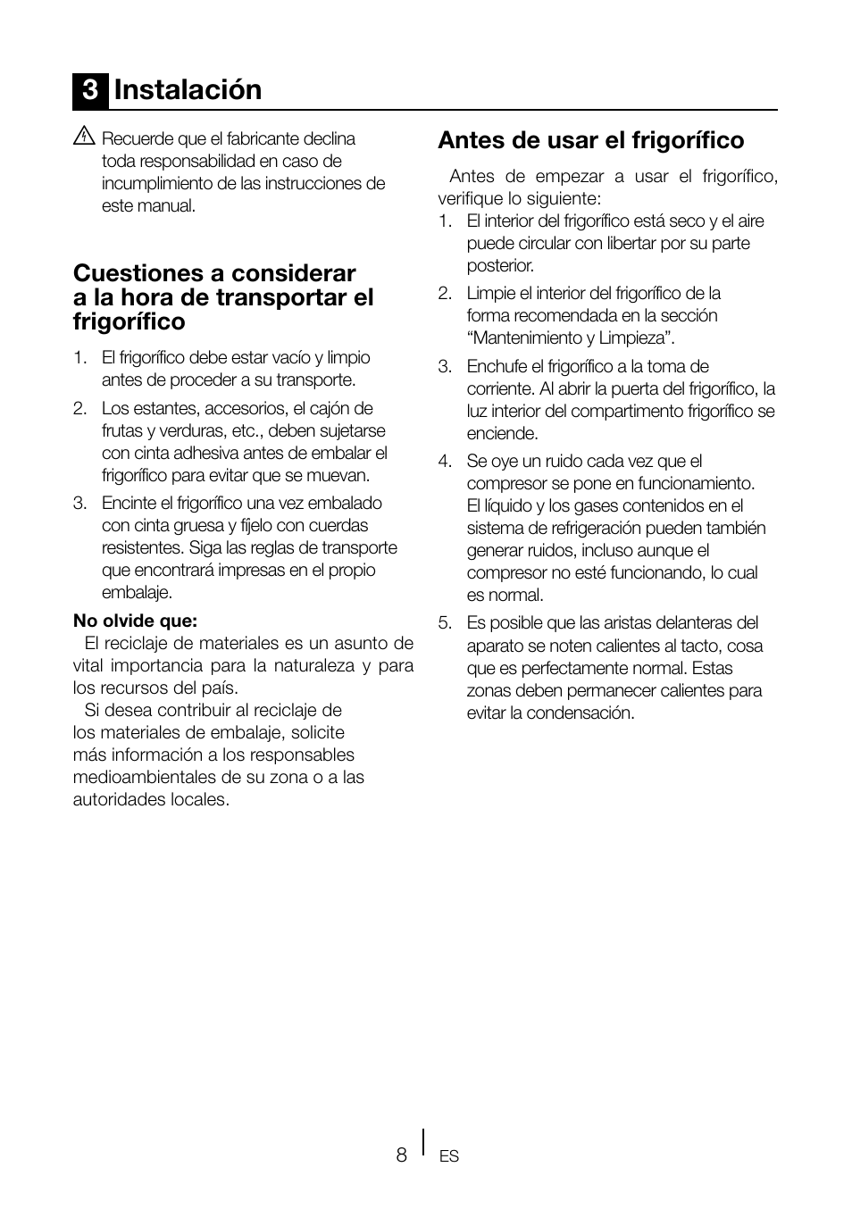 3instalación, Antes de usar el frigorífico | Teka TKI2 145 D User Manual | Page 67 / 98