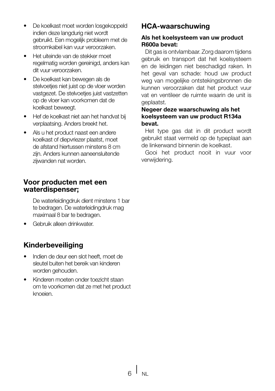 Voor producten met een waterdispenser, Kinderbeveiliging, Hca-waarschuwing | Teka TKI2 145 D User Manual | Page 84 / 98