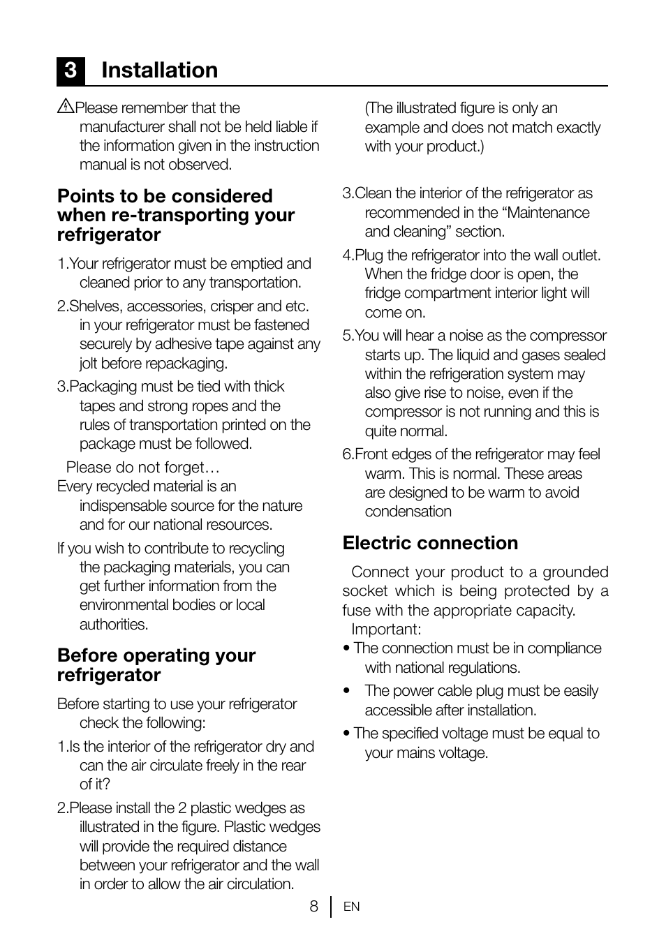 3installation, Before operating your refrigerator, Electric connection | Teka TKI2 145 D User Manual | Page 9 / 98