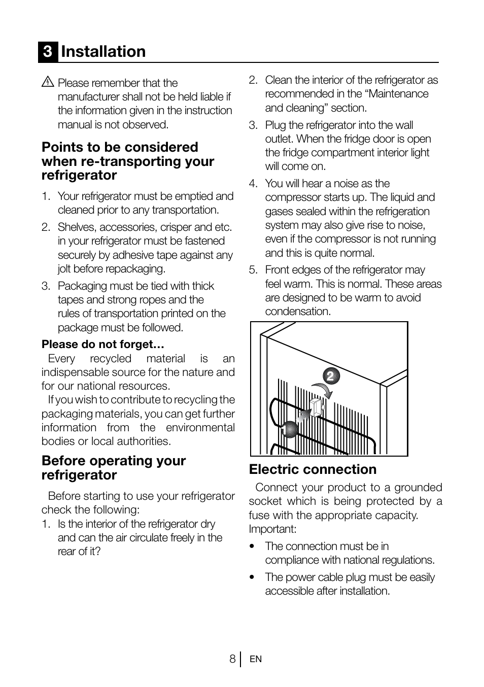 3installation, Before operating your refrigerator, Electric connection | Teka TGI2 200 NF User Manual | Page 10 / 74