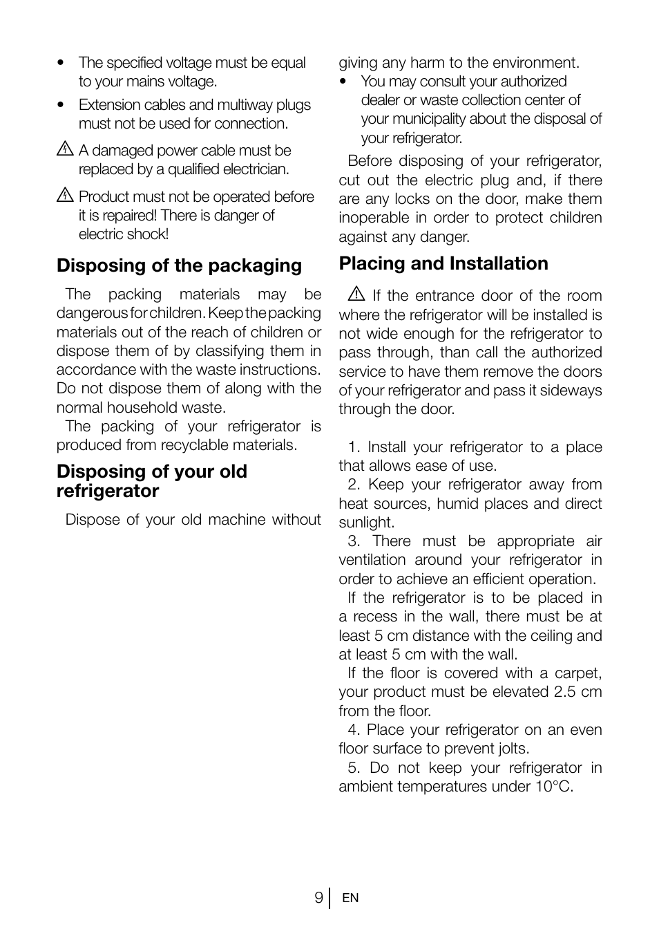Disposing of the packaging, Disposing of your old refrigerator, Placing and installation a | Teka TGI2 200 NF User Manual | Page 11 / 74