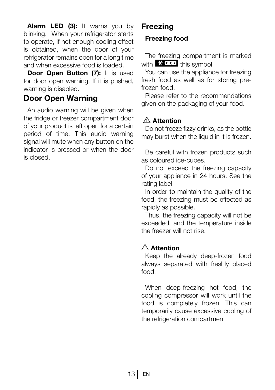 Door open warning, Freezing | Teka TGI2 200 NF User Manual | Page 15 / 74