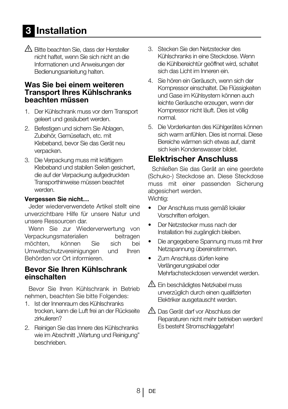 3installation, Elektrischer anschluss | Teka TGI2 200 NF User Manual | Page 30 / 74