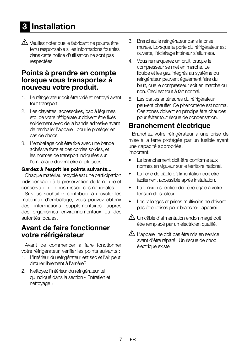 3installation, Avant de faire fonctionner votre réfrigérateur, Branchement électrique | Teka TGI2 200 NF User Manual | Page 47 / 74