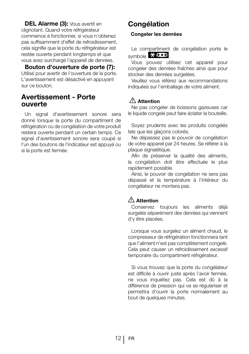 Avertissement - porte ouverte, Congélation | Teka TGI2 200 NF User Manual | Page 52 / 74