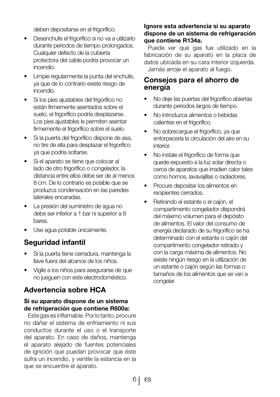 Seguridad infantil, Advertencia sobre hca, Consejos para el ahorro de energía | Teka TGI2 200 NF User Manual | Page 63 / 74
