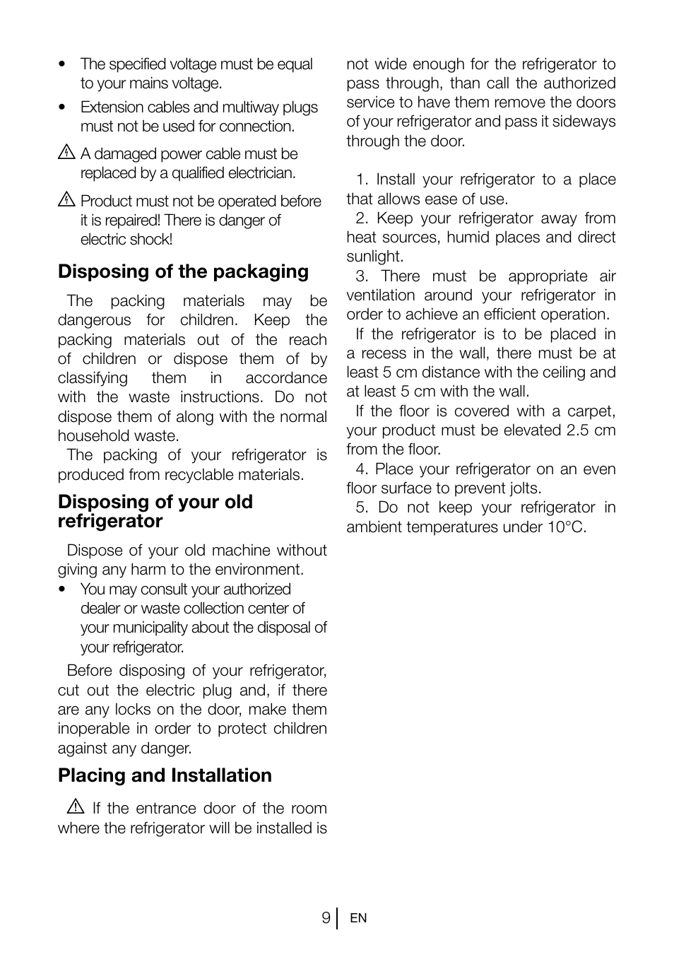 Disposing of the packaging, Disposing of your old refrigerator, Placing and installation a | Teka TKI2 300 User Manual | Page 10 / 77