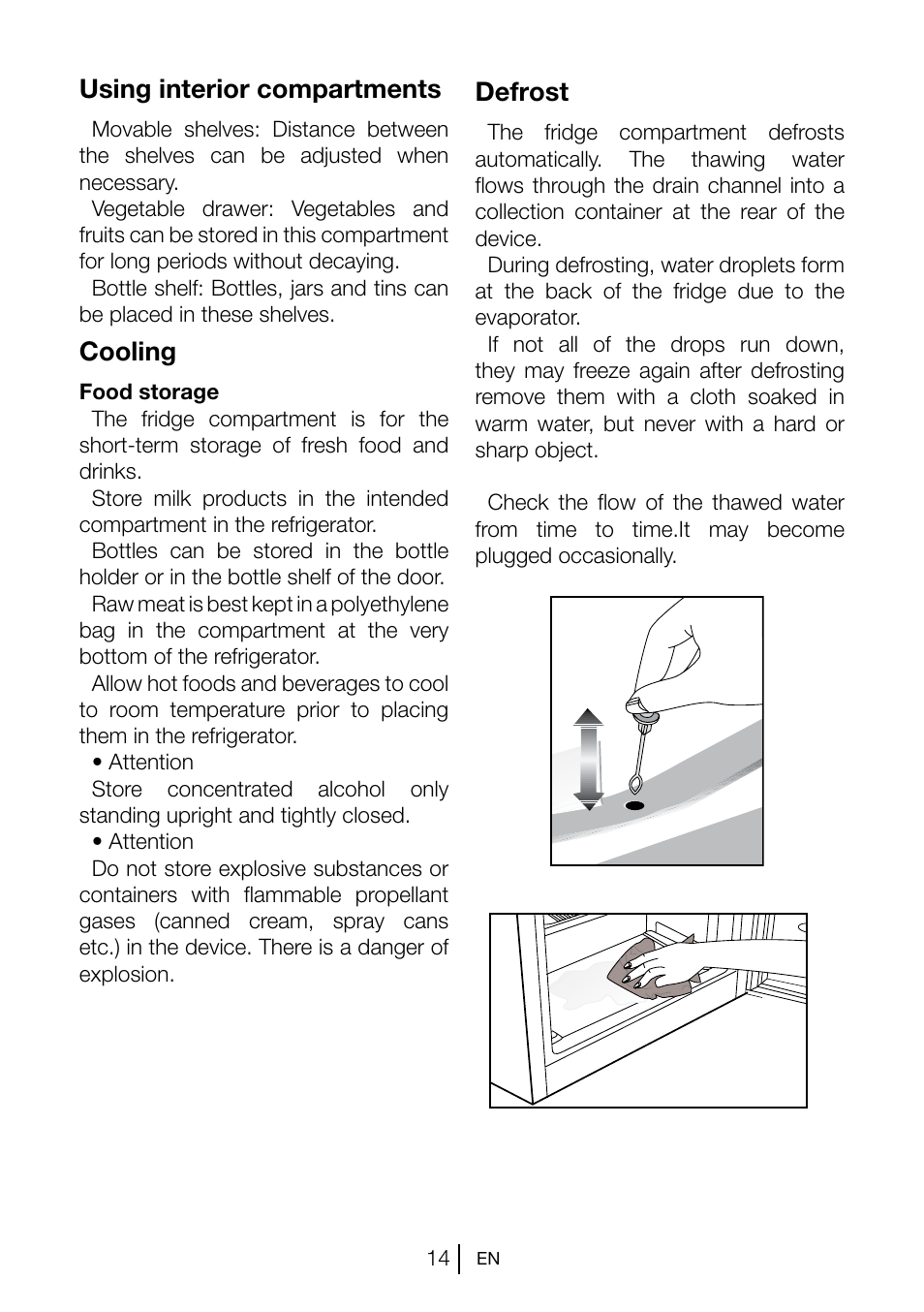Using interior compartments, Cooling, Defrost | Teka TKI2 300 User Manual | Page 15 / 77
