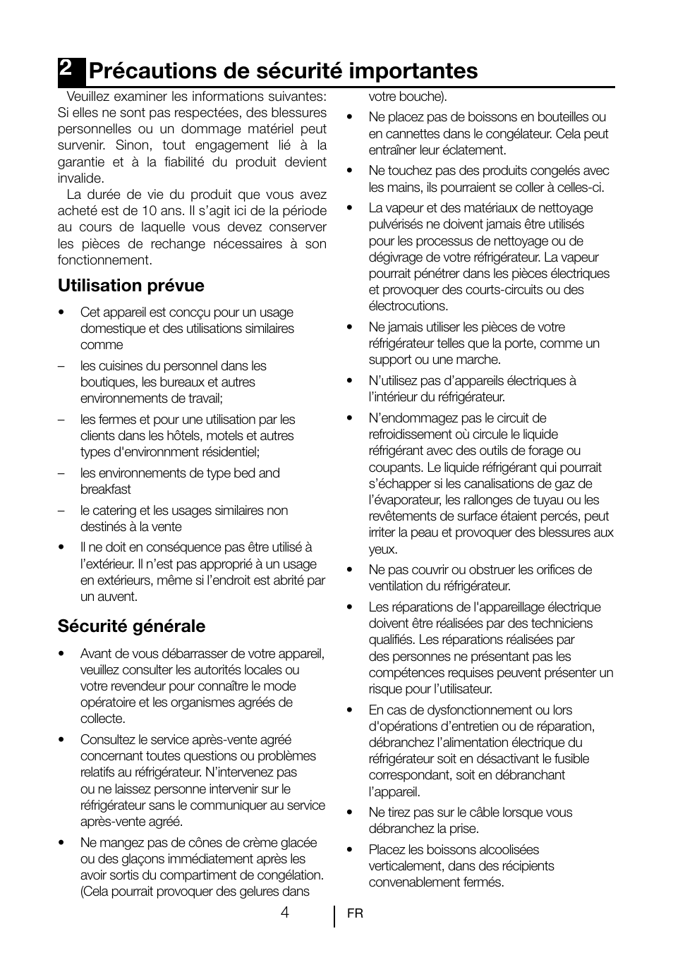 2précautions de sécurité importantes, Utilisation prévue, Sécurité générale | Teka TKI2 300 User Manual | Page 45 / 77