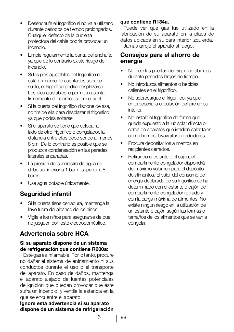 Seguridad infantil, Advertencia sobre hca, Consejos para el ahorro de energía | Teka TKI2 300 User Manual | Page 65 / 77