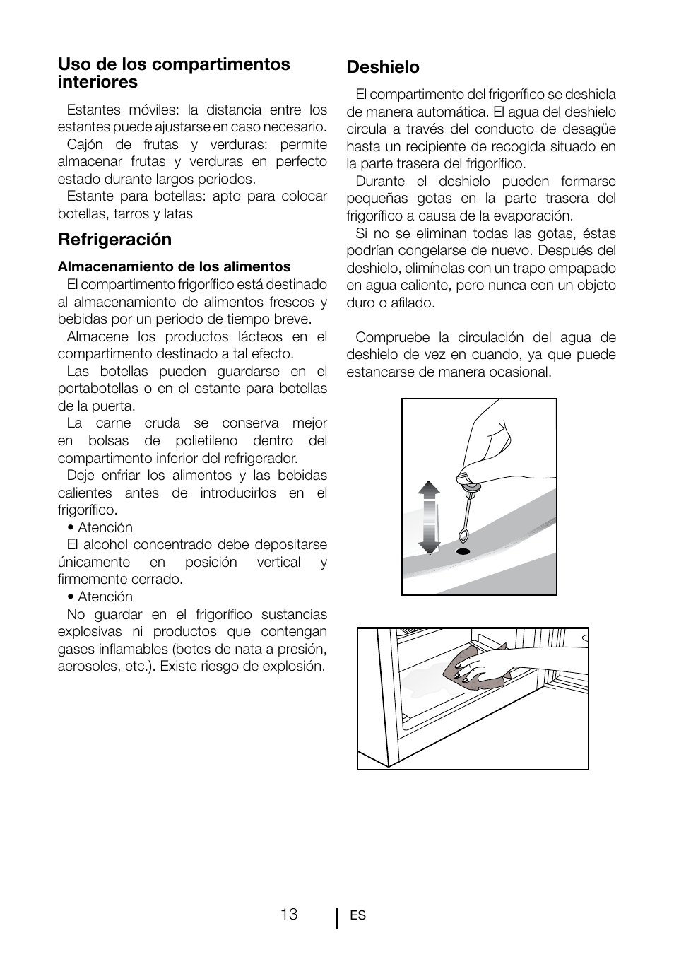 Uso de los compartimentos interiores, Refrigeración, Deshielo | Teka TKI2 300 User Manual | Page 72 / 77