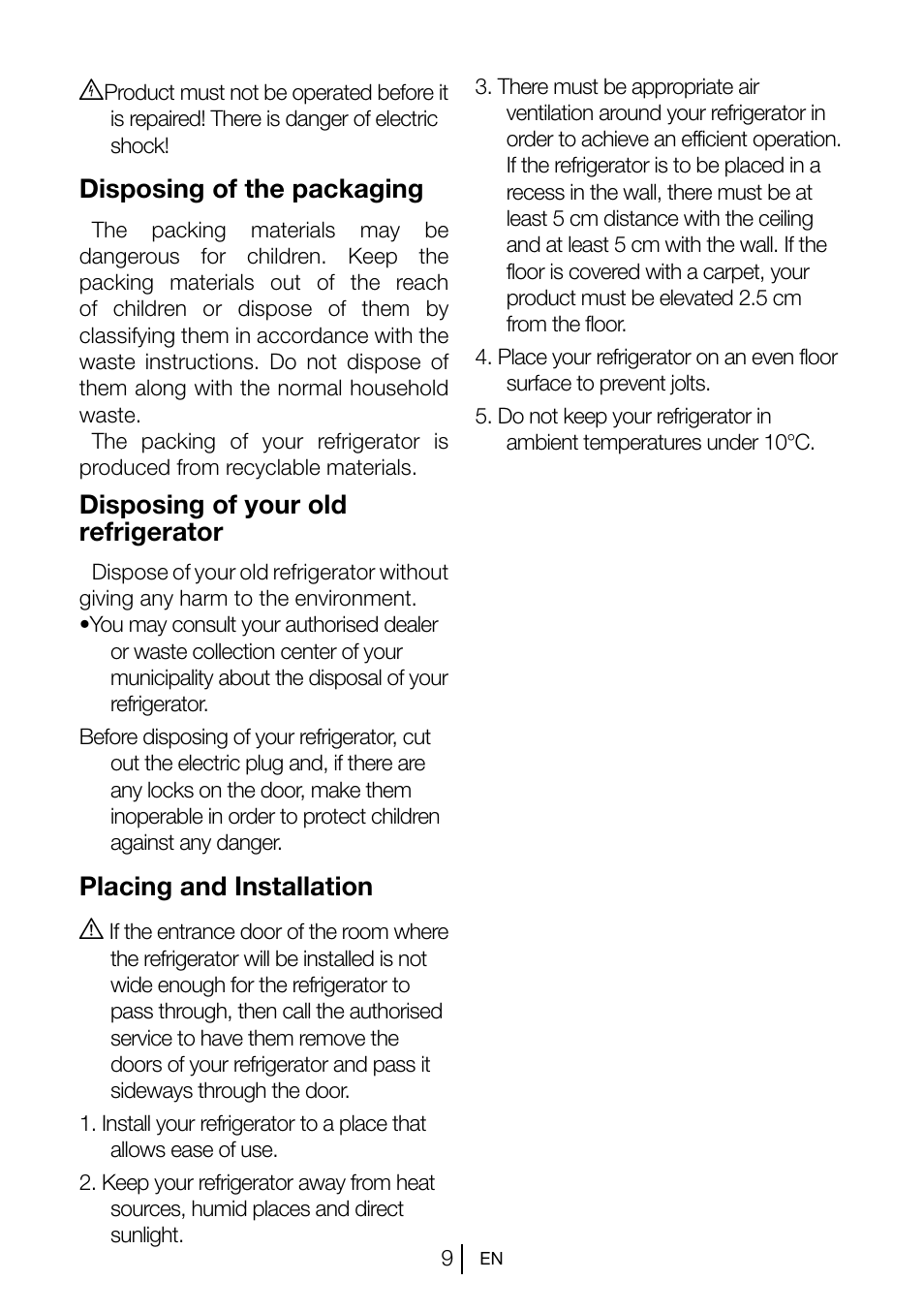 Disposing of the packaging, Disposing of your old refrigerator, Placing and installation a | Teka CI 342 User Manual | Page 10 / 83