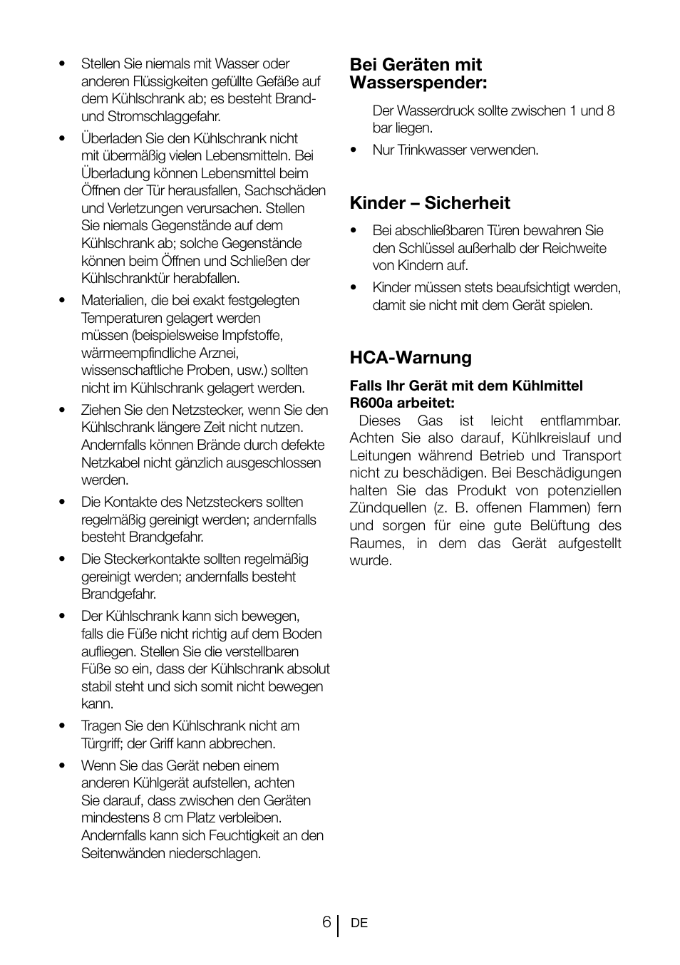Bei geräten mit wasserspender, Kinder – sicherheit, Hca-warnung | Teka CI 342 User Manual | Page 28 / 83