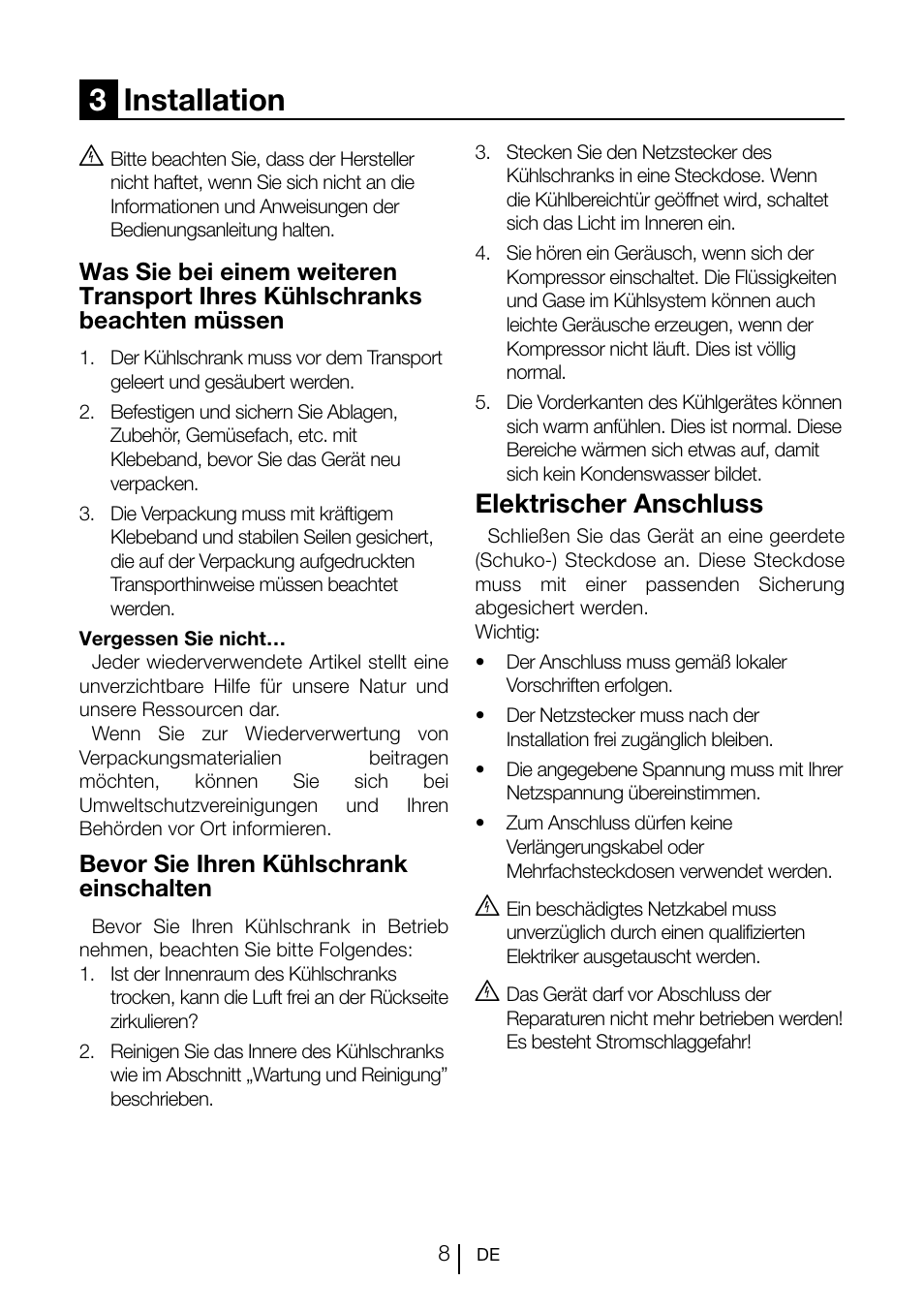 3installation, Elektrischer anschluss | Teka CI 342 User Manual | Page 30 / 83