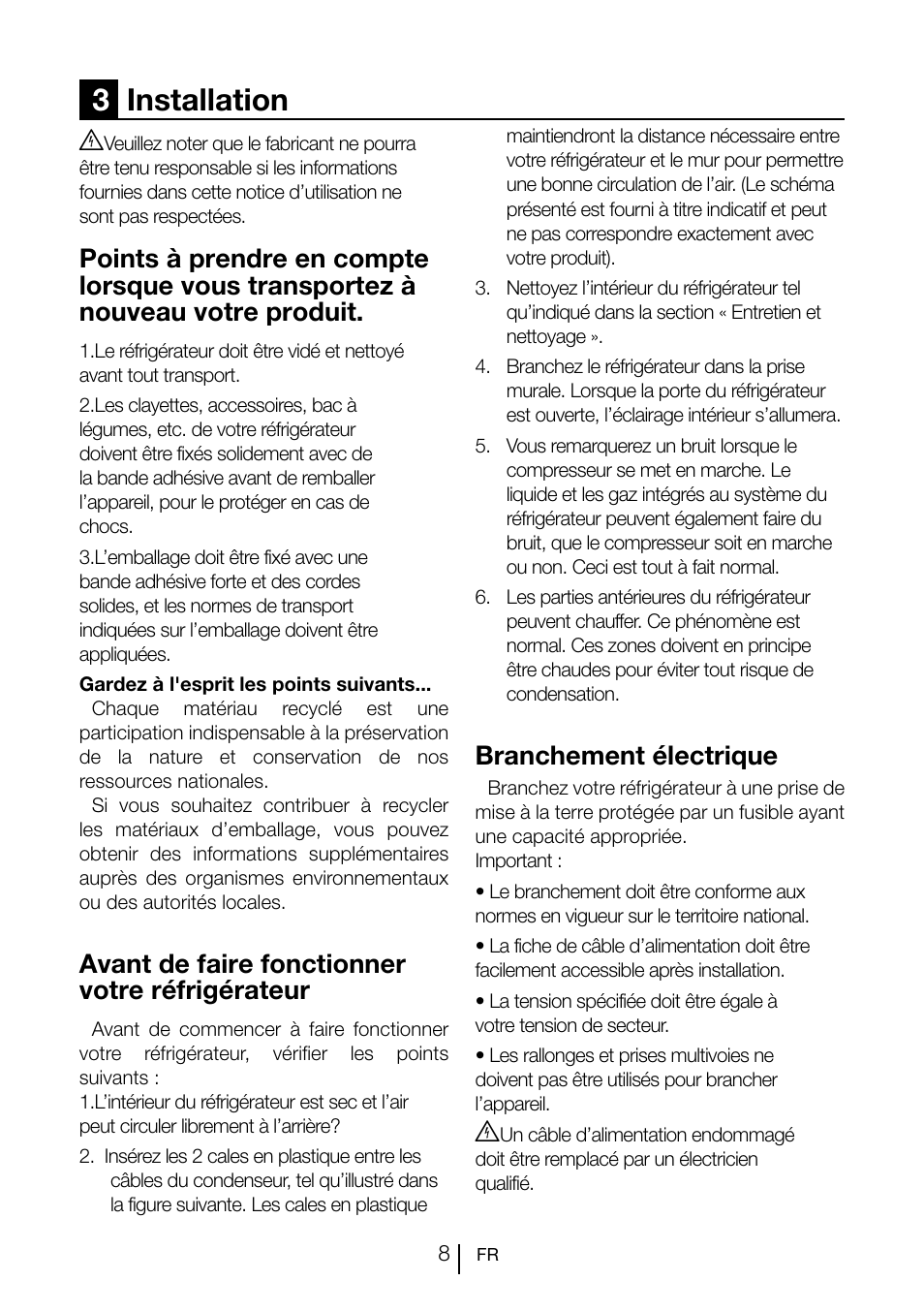 3installation, Avant de faire fonctionner votre réfrigérateur, Branchement électrique | Teka CI 342 User Manual | Page 50 / 83