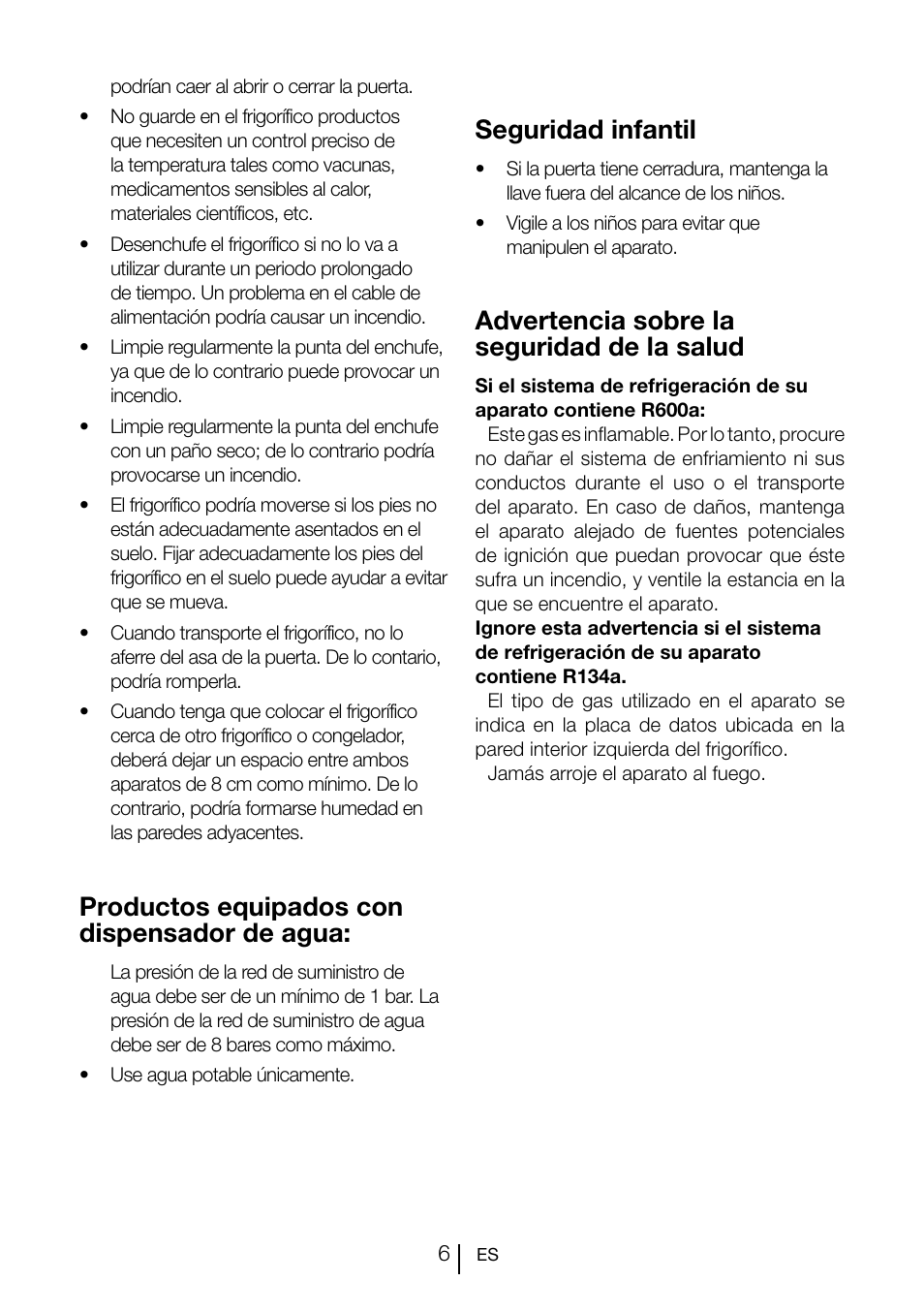 Productos equipados con dispensador de agua, Seguridad infantil, Advertencia sobre la seguridad de la salud | Teka CI 342 User Manual | Page 68 / 83