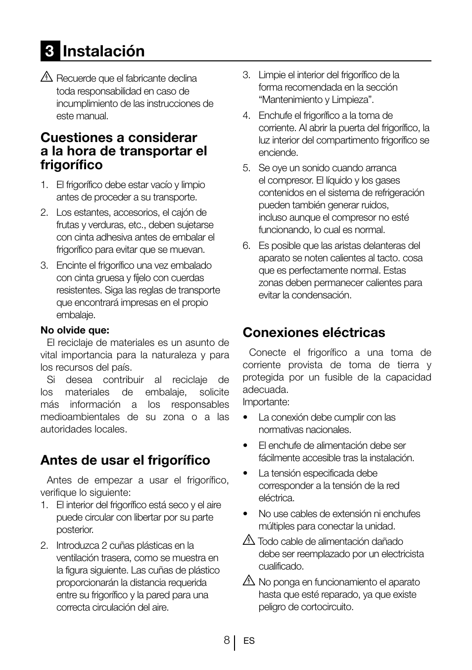 3instalación, Antes de usar el frigorífico, Conexiones eléctricas | Teka CI 342 User Manual | Page 70 / 83