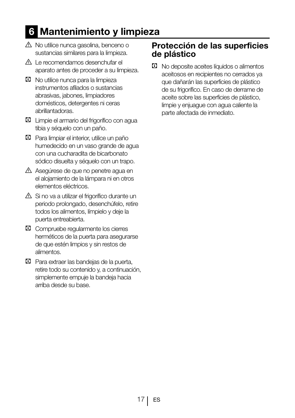 6mantenimiento y limpieza, Protección de las superficies de plástico | Teka CI 342 User Manual | Page 79 / 83