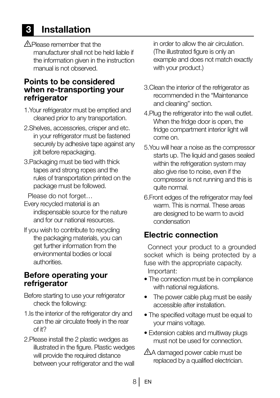 3installation, Before operating your refrigerator, Electric connection | Teka CI 342 User Manual | Page 9 / 83