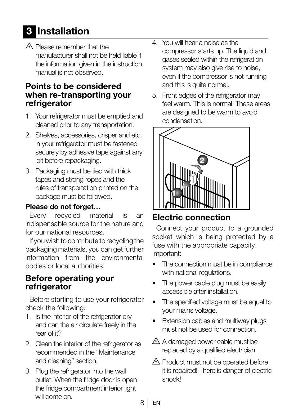 3installation, Before operating your refrigerator, Electric connection | Teka CI2 350 NF User Manual | Page 10 / 82
