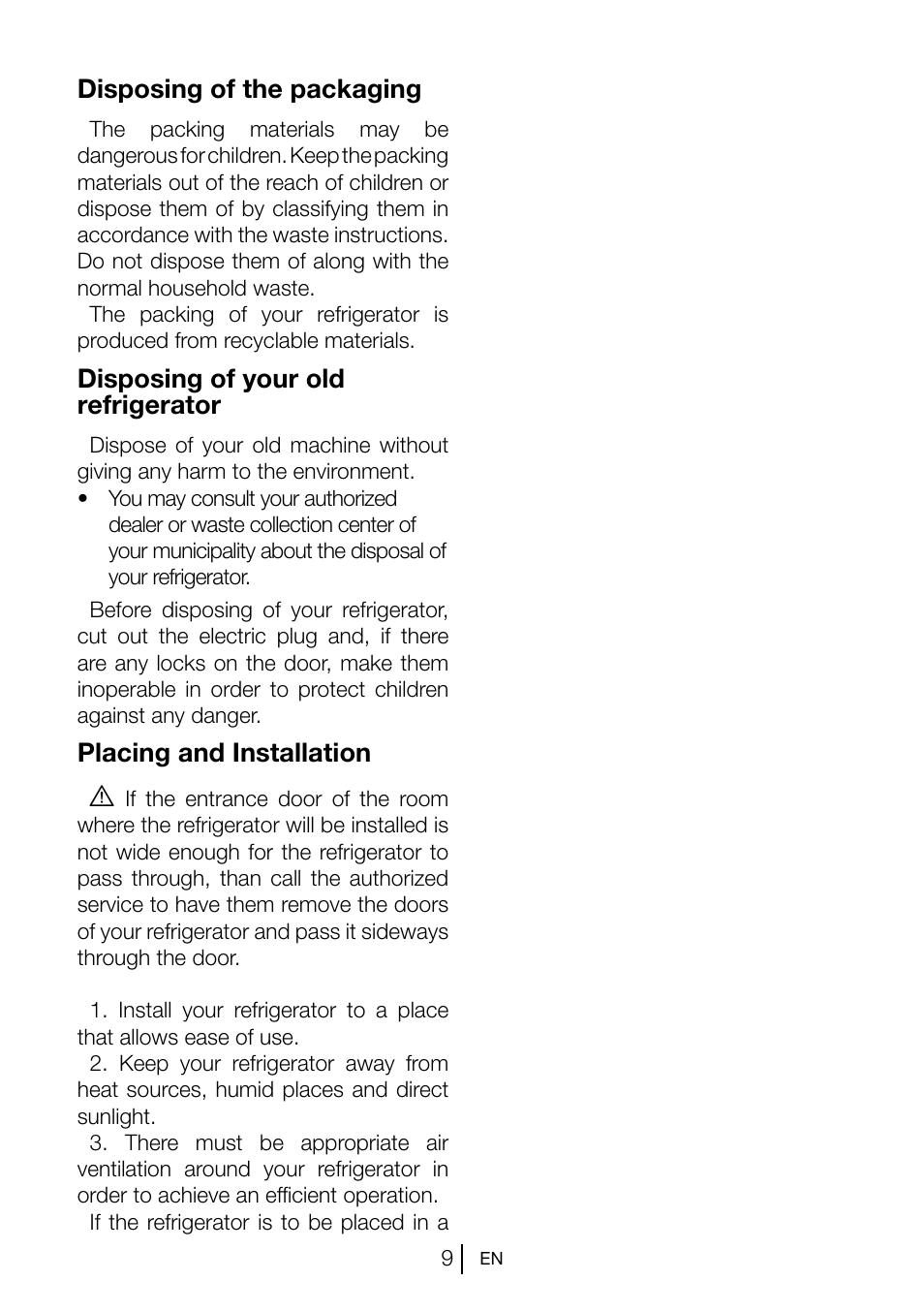 Disposing of the packaging, Disposing of your old refrigerator, Placing and installation a | Teka CI2 350 NF User Manual | Page 11 / 82