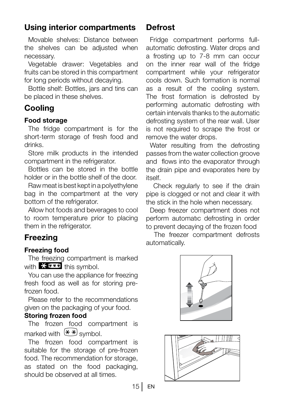 Using interior compartments, Cooling, Freezing | Defrost | Teka CI2 350 NF User Manual | Page 17 / 82