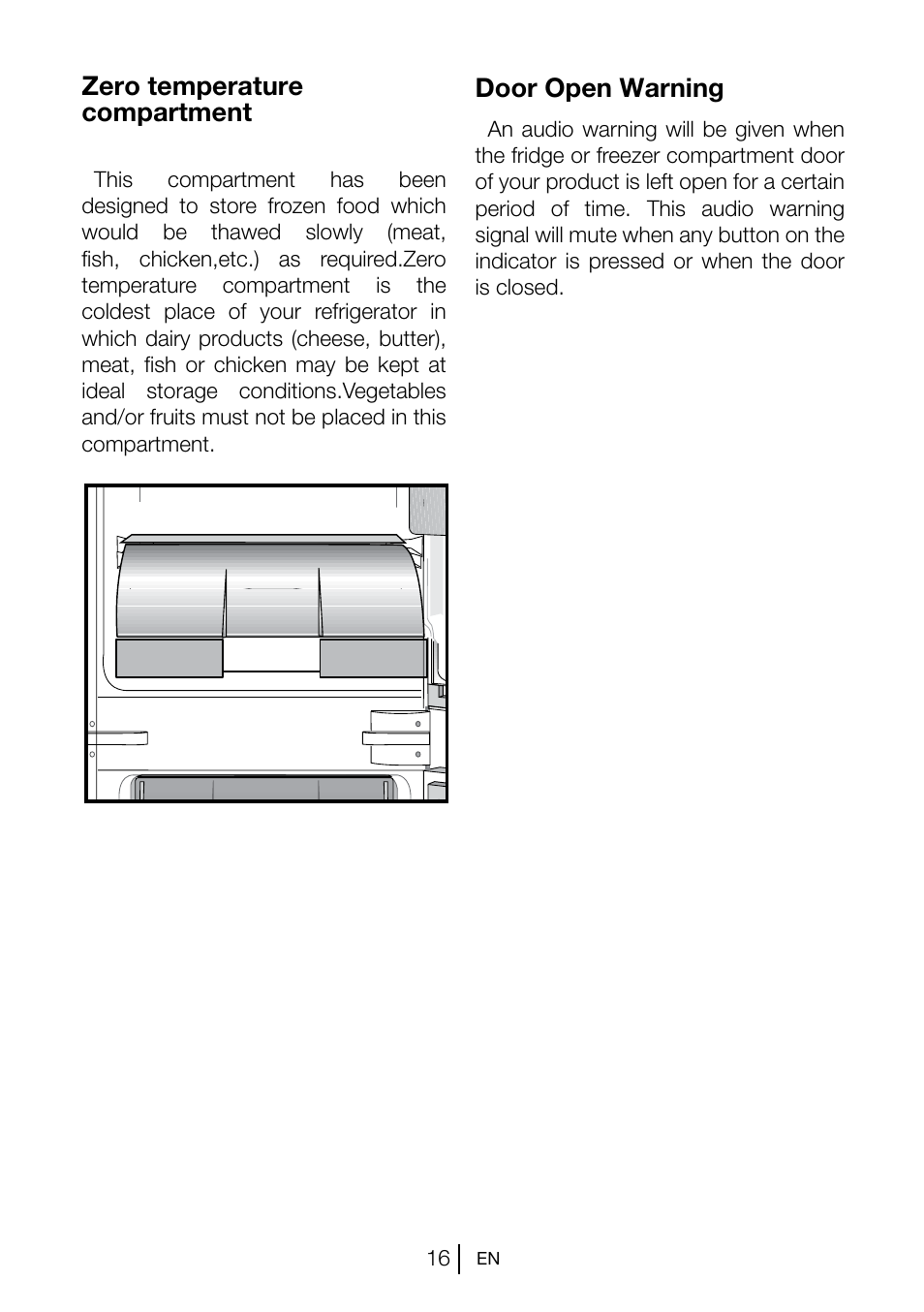 Zero temperature compartment, Door open warning | Teka CI2 350 NF User Manual | Page 18 / 82