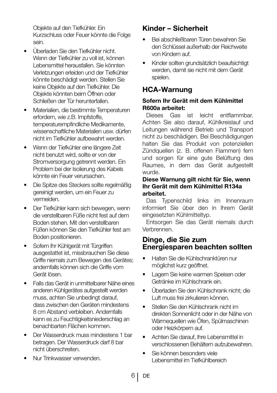 Kinder – sicherheit, Hca-warnung, Dinge, die sie zum energiesparen beachten sollten | Teka CI2 350 NF User Manual | Page 30 / 82