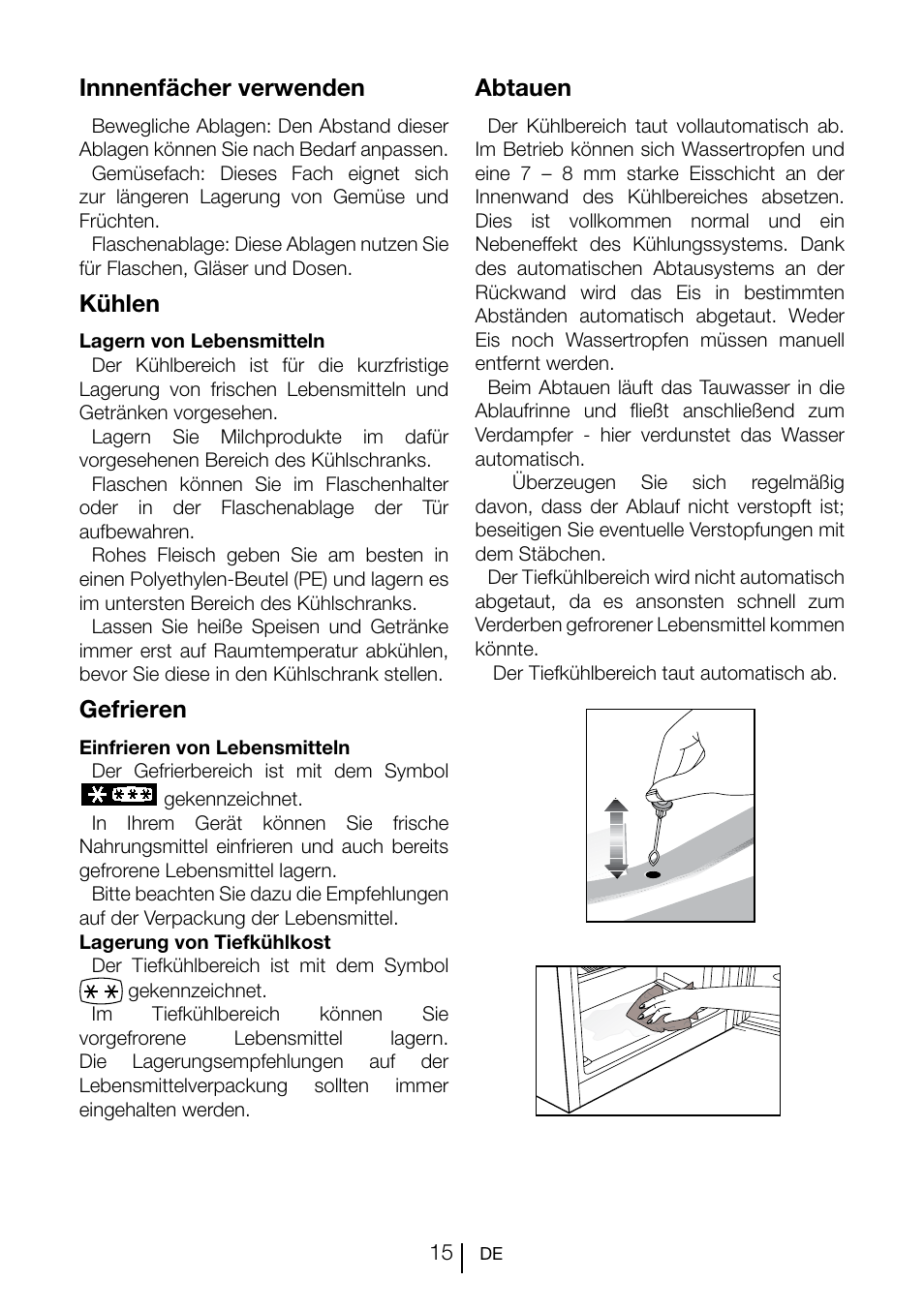 Innnenfächer verwenden, Kühlen, Gefrieren | Abtauen | Teka CI2 350 NF User Manual | Page 39 / 82