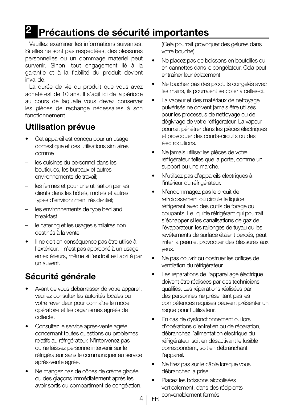 2précautions de sécurité importantes, Utilisation prévue, Sécurité générale | Teka CI2 350 NF User Manual | Page 48 / 82