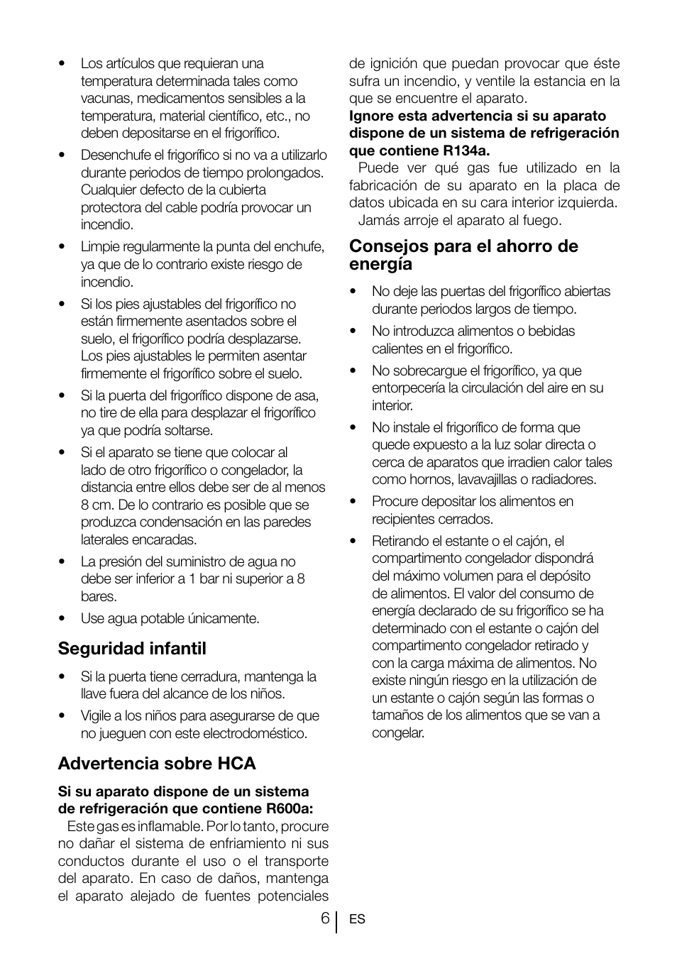 Seguridad infantil, Advertencia sobre hca, Consejos para el ahorro de energía | Teka CI2 350 NF User Manual | Page 69 / 82