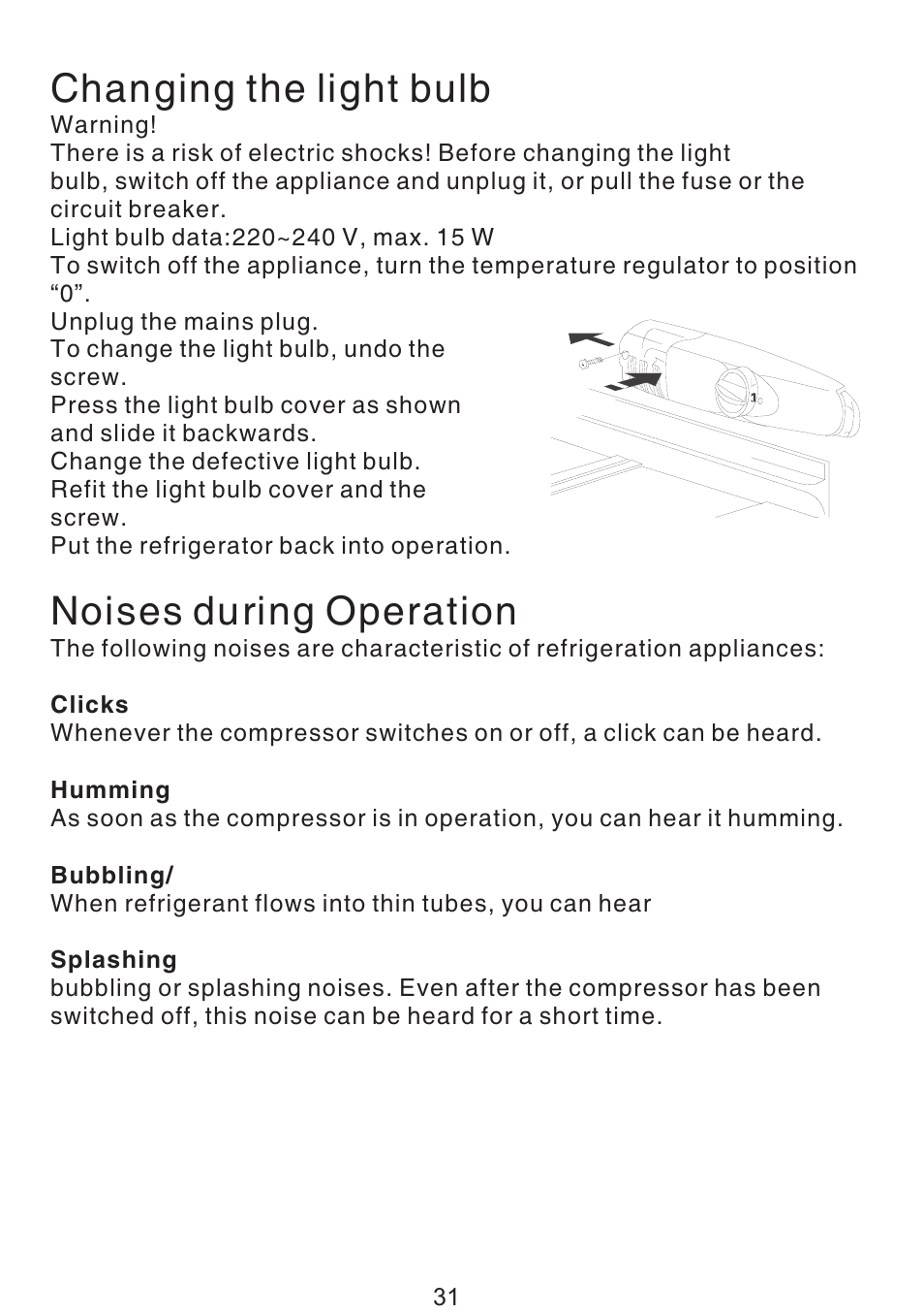 页 16, Changing the light bulb, Noises during operation | Teka TS 138 User Manual | Page 32 / 53