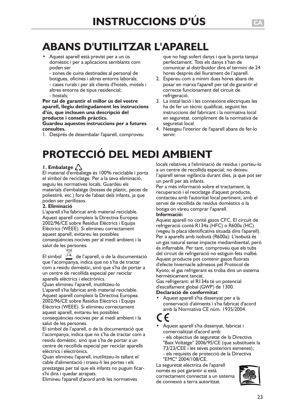 Instruccions d’ús, Abans d'utilitzar l'aparell, Protecció del medi ambient | Teka CB 385 User Manual | Page 23 / 28