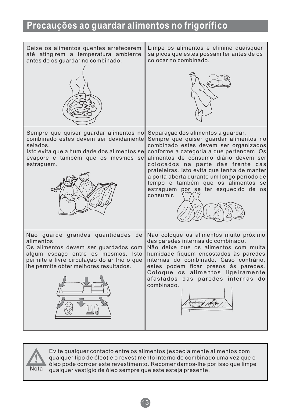 Precauções ao guardar alimentos no frigorífico | Teka NFT 370 User Manual | Page 124 / 153