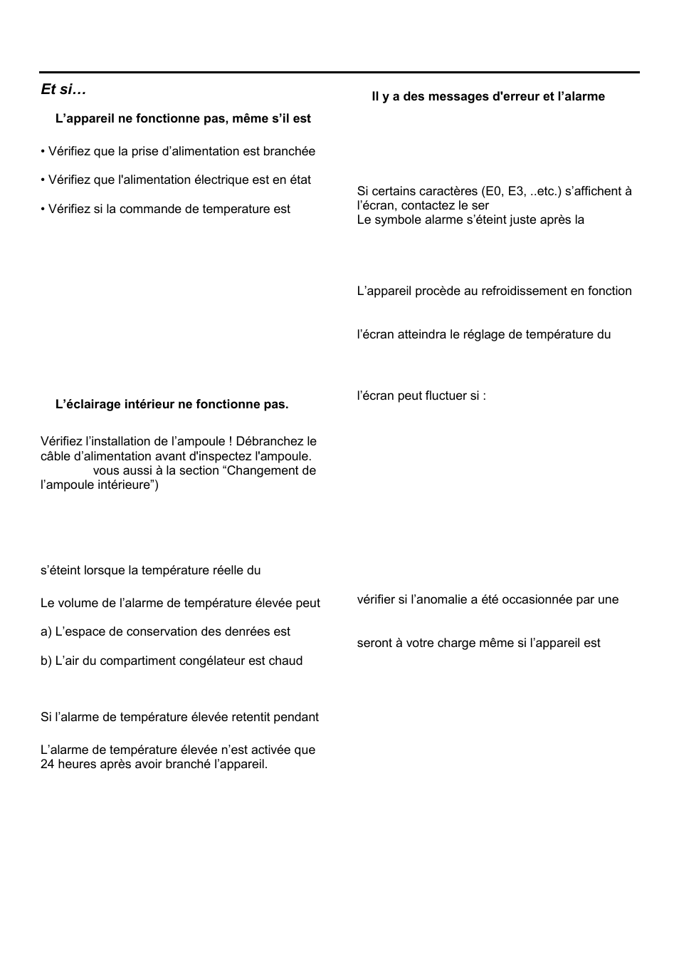 Fr fr, Et si, Il y a une panne de courant | L’éclairage intérieur ne fonctionne pas, Vérifiez la prise, 4 - l'alarme de température élévée retentit, Il y a des messages d'erreur et l’alarme retentit, Autres anomalies possibles | Teka NFE2 320 X User Manual | Page 31 / 100