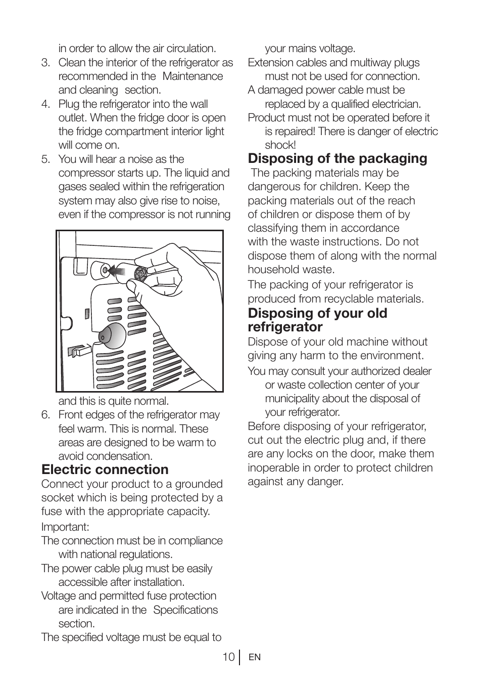 Disposing of the packaging, Disposing of your old refrigerator, Electric connection | Teka NFE1 420 User Manual | Page 10 / 24