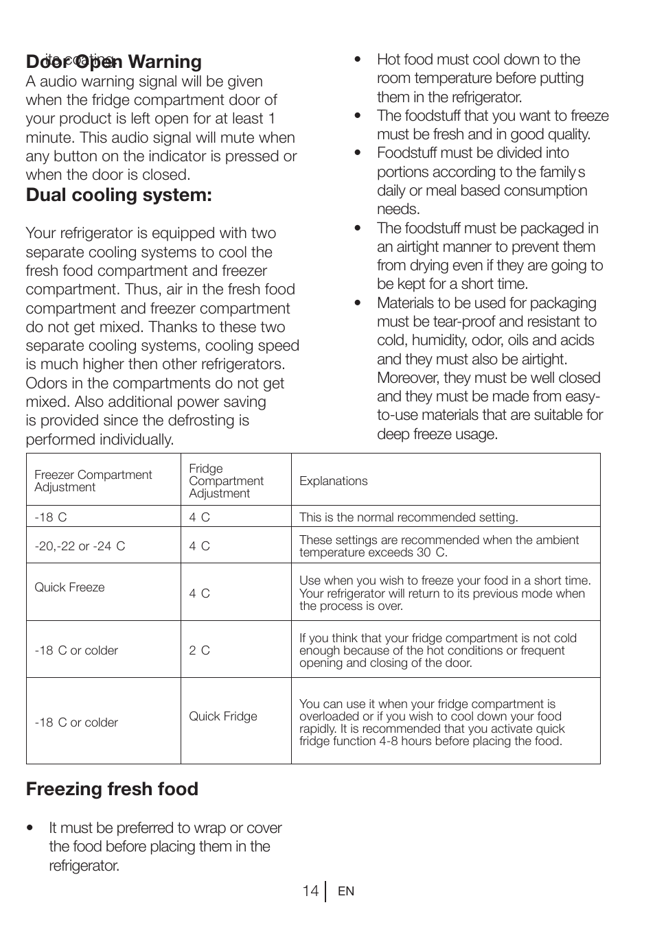 Door open warning, Dual cooling system, Freezing fresh food | Teka NFE1 420 User Manual | Page 14 / 24