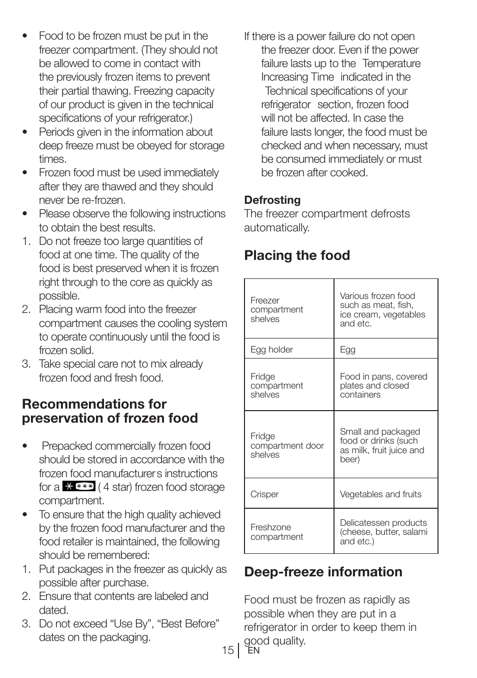 Recommendations for preservation of frozen food, Placing the food, Deep-freeze information | Teka NFE1 420 User Manual | Page 15 / 24